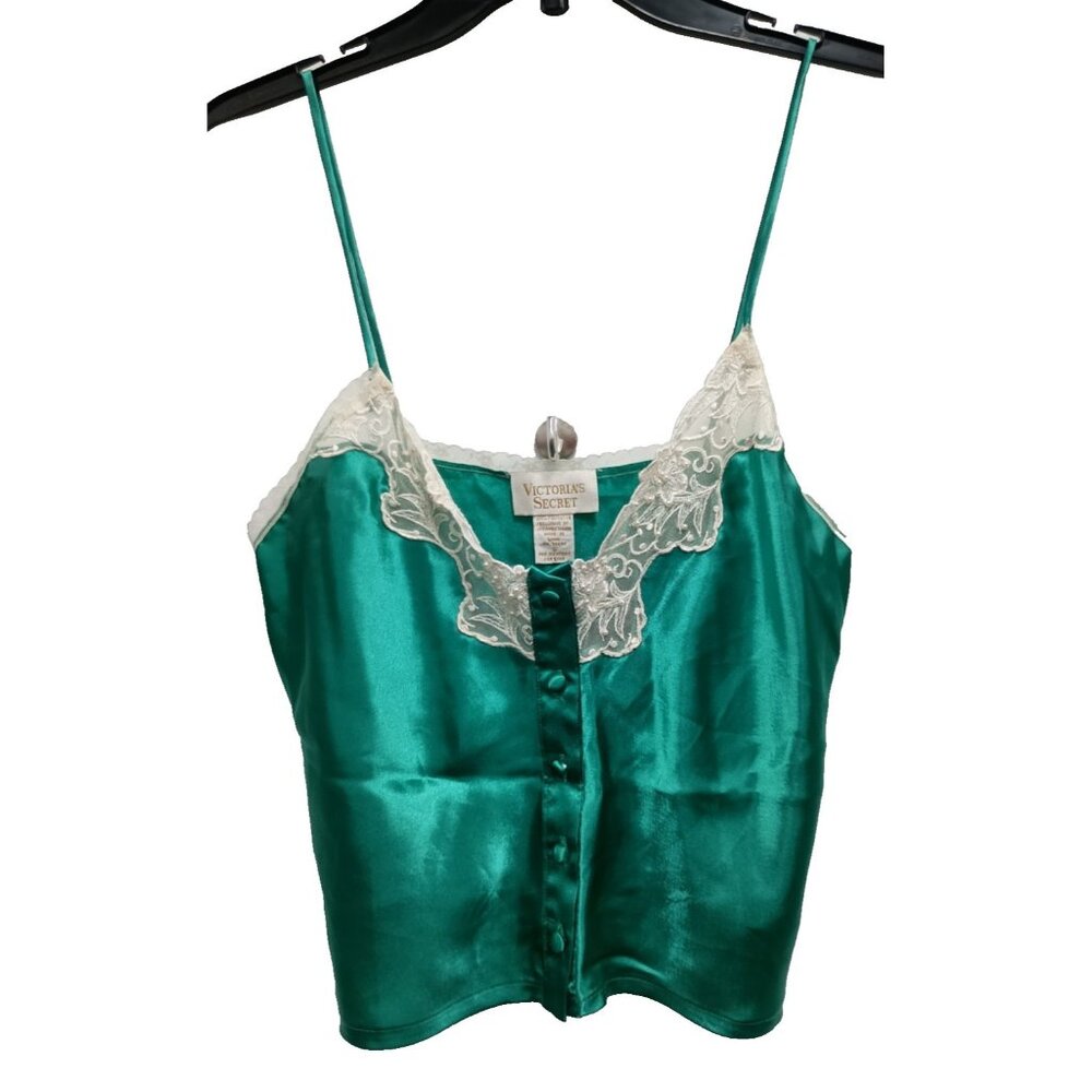 VTG Y2K Victorias Secret Womens Cami Tank Top Small Green Crop Satin Lace Sexy